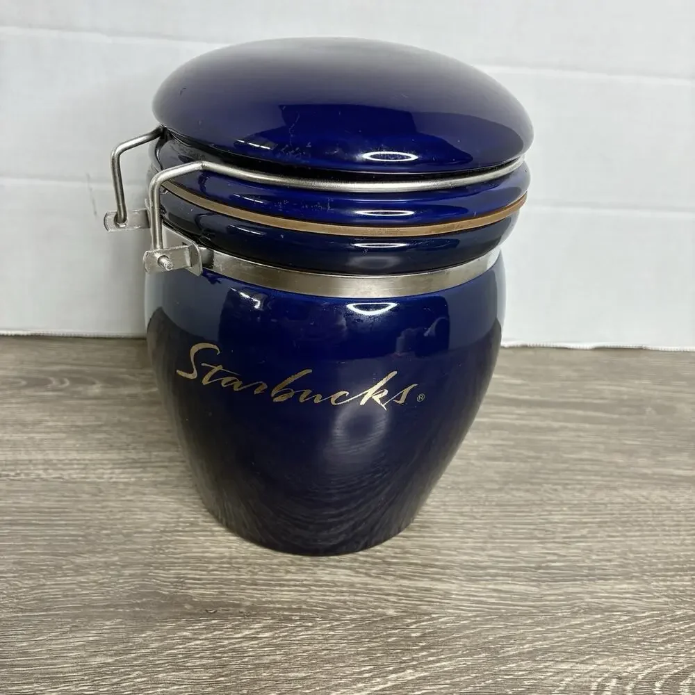Starbucks Coffee Storage Canister Cobalt Blue Silver Script Logo Jar